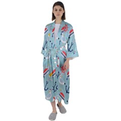 Nautical-marine-symbols-seamless-pattern Maxi Satin Kimono