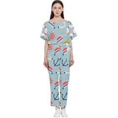 Nautical-marine-symbols-seamless-pattern Batwing Lightweight Chiffon Jumpsuit