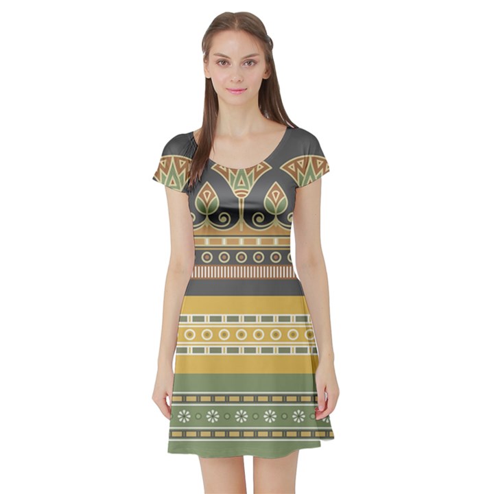 Seamless-pattern-egyptian-ornament-with-lotus-flower Short Sleeve Skater Dress