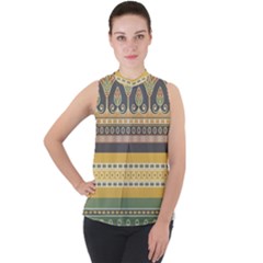 Seamless-pattern-egyptian-ornament-with-lotus-flower Mock Neck Chiffon Sleeveless Top