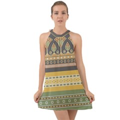 Seamless-pattern-egyptian-ornament-with-lotus-flower Halter Tie Back Chiffon Dress