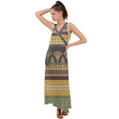 Seamless-pattern-egyptian-ornament-with-lotus-flower V-neck Chiffon Maxi Dress