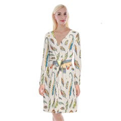 Vector-boho-doodle-feathers-seamless-pattern-illustration Long Sleeve Velvet Front Wrap Dress