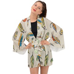 Vector-boho-doodle-feathers-seamless-pattern-illustration Long Sleeve Kimono