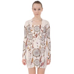 Coloured-dreamcatcher-background V-neck Bodycon Long Sleeve Dress