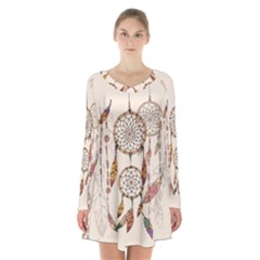 Coloured-dreamcatcher-background Long Sleeve Velvet V-neck Dress