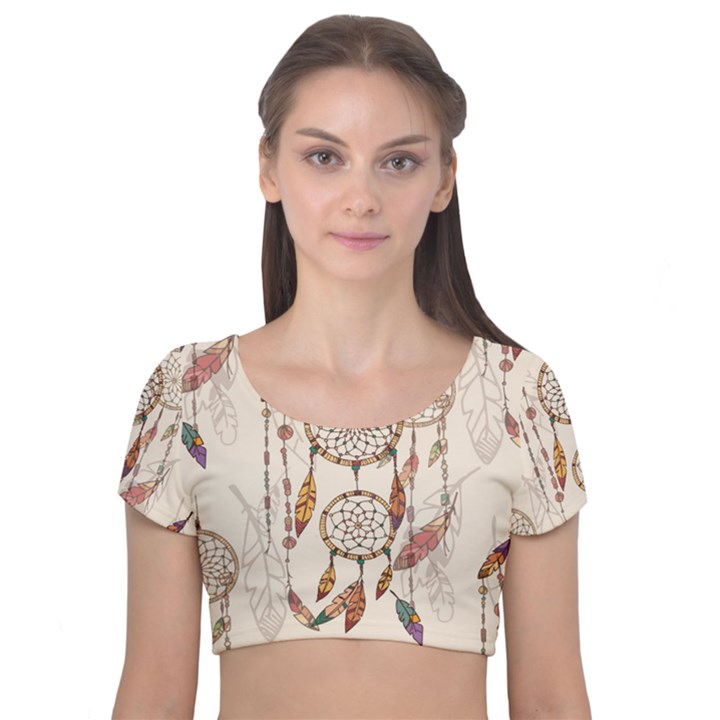 Coloured-dreamcatcher-background Velvet Short Sleeve Crop Top 