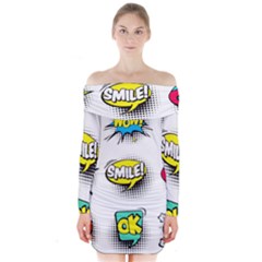 Set-colorful-comic-speech-bubbles Long Sleeve Off Shoulder Dress