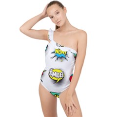 Set-colorful-comic-speech-bubbles Frilly One Shoulder Swimsuit