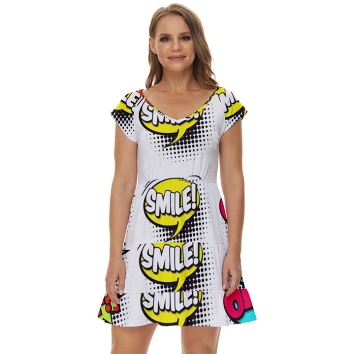 Set-colorful-comic-speech-bubbles Short Sleeve Tiered Mini Dress