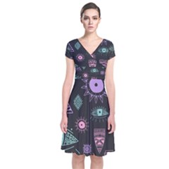 Vintage-seamless-pattern-with-tribal-art-african-style-drawing Short Sleeve Front Wrap Dress