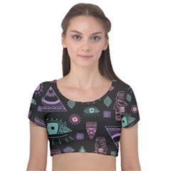 Vintage-seamless-pattern-with-tribal-art-african-style-drawing Velvet Short Sleeve Crop Top 