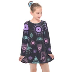 Vintage-seamless-pattern-with-tribal-art-african-style-drawing Kids  Long Sleeve Dress