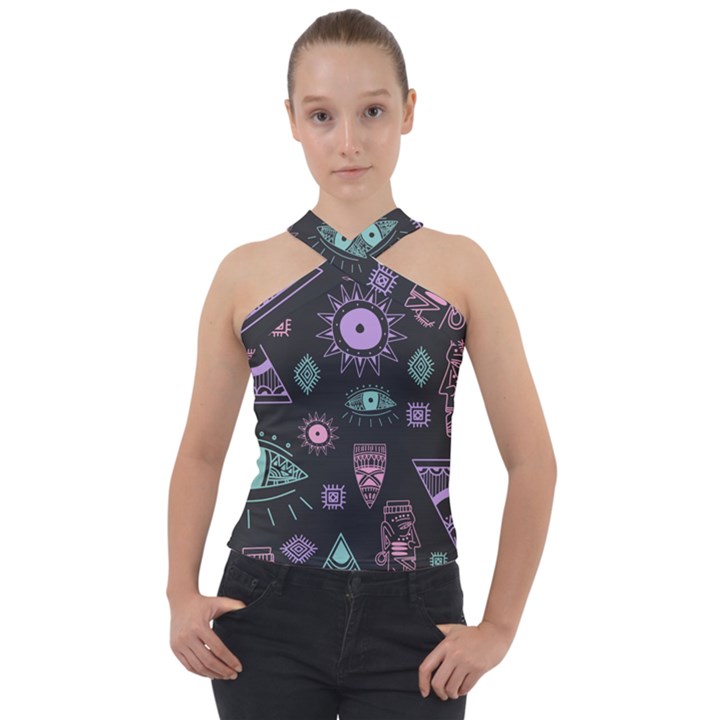 Vintage-seamless-pattern-with-tribal-art-african-style-drawing Cross Neck Velour Top