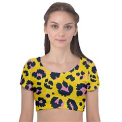 Leopard-print-seamless-pattern Velvet Short Sleeve Crop Top 