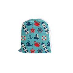 Seamless-pattern-nautical-icons-cartoon-style Drawstring Pouch (small) by Jancukart