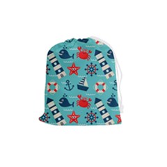 Seamless-pattern-nautical-icons-cartoon-style Drawstring Pouch (medium)