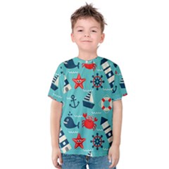 Seamless-pattern-nautical-icons-cartoon-style Kids  Cotton Tee