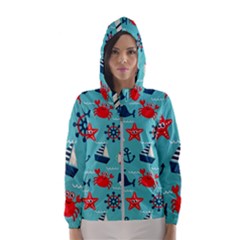 Seamless-pattern-nautical-icons-cartoon-style Women s Hooded Windbreaker