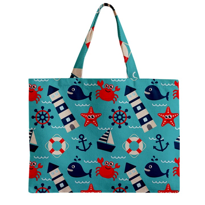 Seamless-pattern-nautical-icons-cartoon-style Zipper Mini Tote Bag