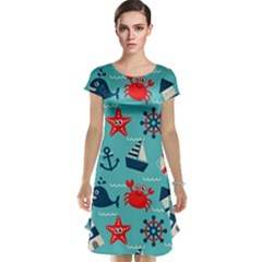 Seamless-pattern-nautical-icons-cartoon-style Cap Sleeve Nightdress