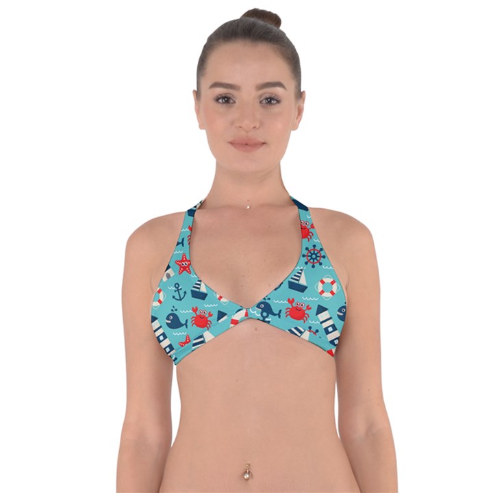 Seamless-pattern-nautical-icons-cartoon-style Halter Neck Bikini Top