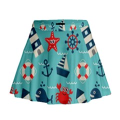 Seamless-pattern-nautical-icons-cartoon-style Mini Flare Skirt