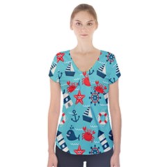 Seamless-pattern-nautical-icons-cartoon-style Short Sleeve Front Detail Top