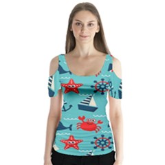 Seamless-pattern-nautical-icons-cartoon-style Butterfly Sleeve Cutout Tee 