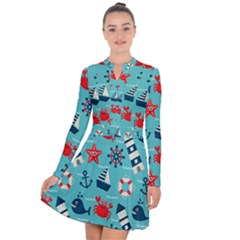 Seamless-pattern-nautical-icons-cartoon-style Long Sleeve Panel Dress