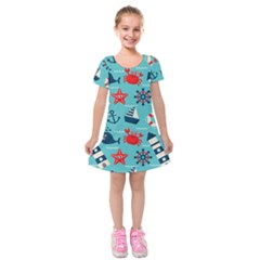 Seamless-pattern-nautical-icons-cartoon-style Kids  Short Sleeve Velvet Dress