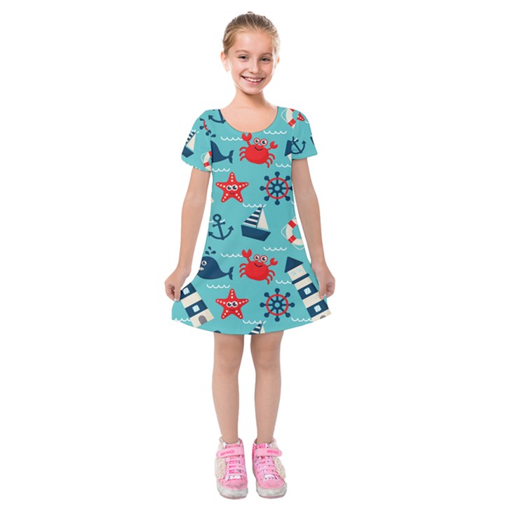 Seamless-pattern-nautical-icons-cartoon-style Kids  Short Sleeve Velvet Dress