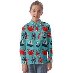 Seamless-pattern-nautical-icons-cartoon-style Kids  Long Sleeve Shirt