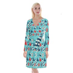 Seamless-pattern-nautical-icons-cartoon-style Long Sleeve Velvet Front Wrap Dress