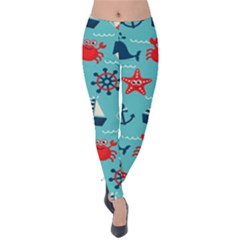 Seamless-pattern-nautical-icons-cartoon-style Velvet Leggings