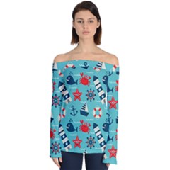 Seamless-pattern-nautical-icons-cartoon-style Off Shoulder Long Sleeve Top