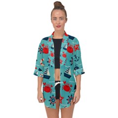 Seamless-pattern-nautical-icons-cartoon-style Open Front Chiffon Kimono