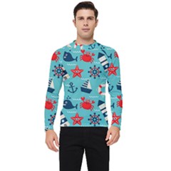 Seamless-pattern-nautical-icons-cartoon-style Men s Long Sleeve Rash Guard by Jancukart