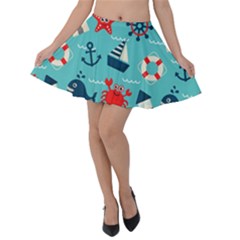 Seamless-pattern-nautical-icons-cartoon-style Velvet Skater Skirt