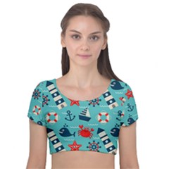 Seamless-pattern-nautical-icons-cartoon-style Velvet Short Sleeve Crop Top 