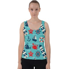 Seamless-pattern-nautical-icons-cartoon-style Velvet Tank Top