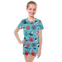 Seamless-pattern-nautical-icons-cartoon-style Kids  Mesh Tee And Shorts Set