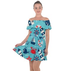 Seamless-pattern-nautical-icons-cartoon-style Off Shoulder Velour Dress by Jancukart