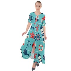 Seamless-pattern-nautical-icons-cartoon-style Waist Tie Boho Maxi Dress