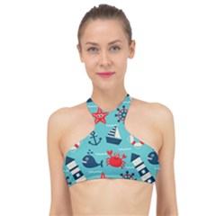 Seamless-pattern-nautical-icons-cartoon-style High Neck Bikini Top