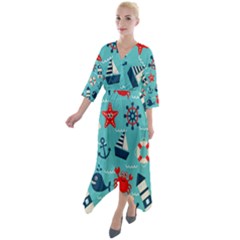 Seamless-pattern-nautical-icons-cartoon-style Quarter Sleeve Wrap Front Maxi Dress by Jancukart