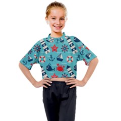 Seamless-pattern-nautical-icons-cartoon-style Kids Mock Neck Tee