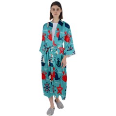 Seamless-pattern-nautical-icons-cartoon-style Maxi Satin Kimono by Jancukart