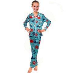 Seamless-pattern-nautical-icons-cartoon-style Kid s Satin Long Sleeve Pajamas Set