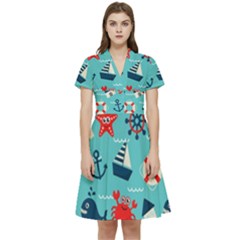 Seamless-pattern-nautical-icons-cartoon-style Short Sleeve Waist Detail Dress